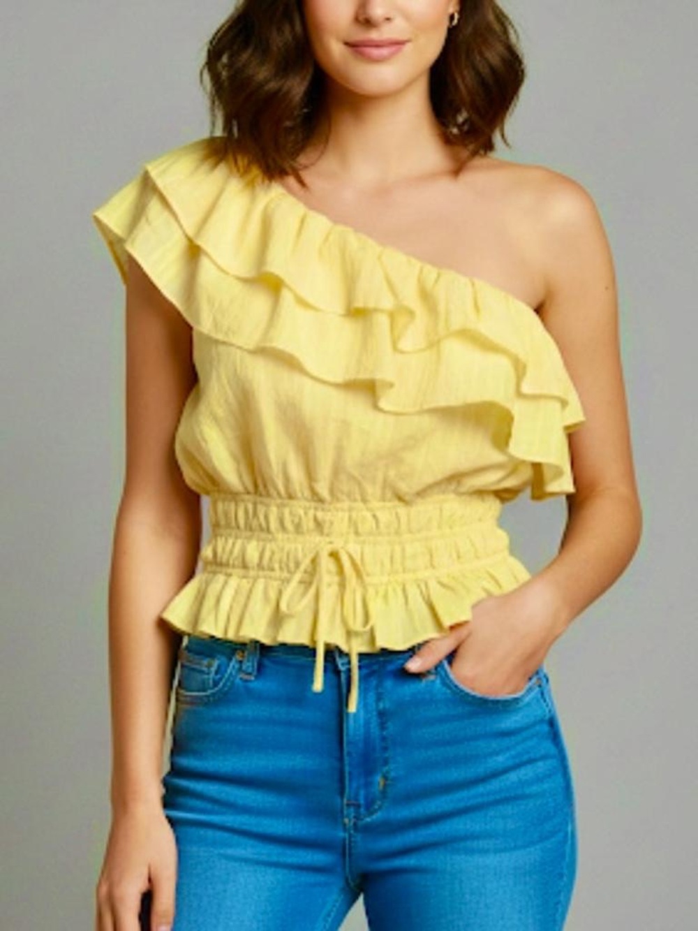 Lush One Shoulder Ruffle Cropped Blouse Yellow Embroidered Stripe- Size Medium